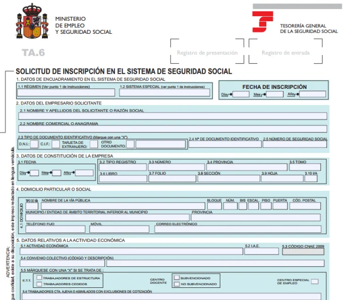 Inscripción de la empresa en la seguridad social