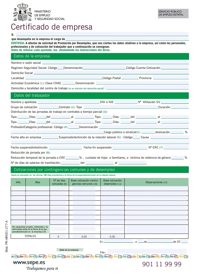 Certificado de Empresa para cobro del Pago