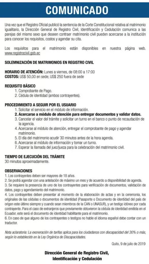 Registro de matrimonio civil en Ecuador: Requisitos imprescindibles para realizar el trámite con éxito